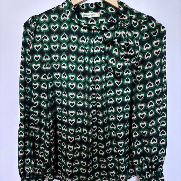 Comme Toi Green Spades/Hearts Print Blouse with Neck Bow - Picture 1 of 8